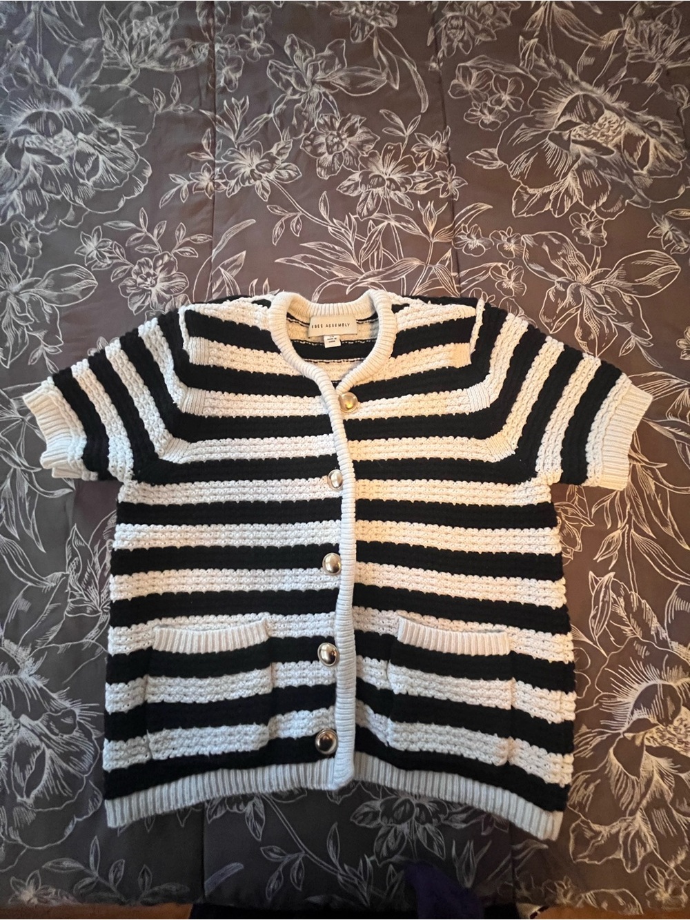 Striped Short-Sleeve Knit Cardigan in Black and White